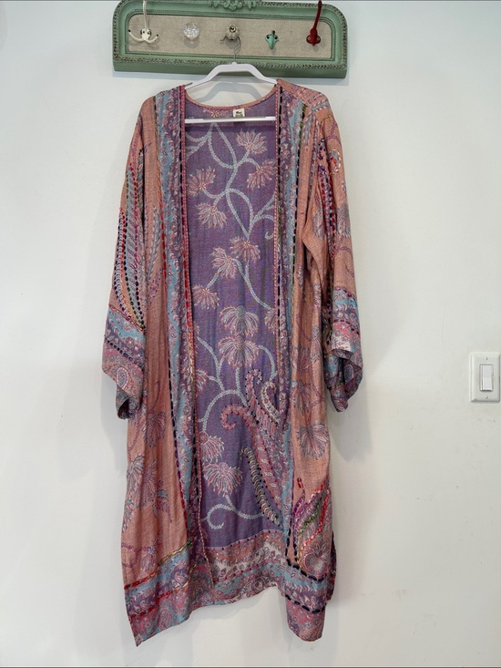 Raj Sweaters - RAJ Boho Lavender & Peach Floral Embroidered Kimono duster rayon one size